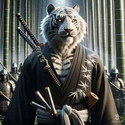 A broad-shouldered, muscular white Bengal tiger tabaxi samurai in his 30s, with vibrant striped fur and glowing orange eyes. Clad in a black kimono embroidered with silver bamboo, he wears a black kabuki mask at his side. Confident mercenary captain leading a fierce band of soldiers.