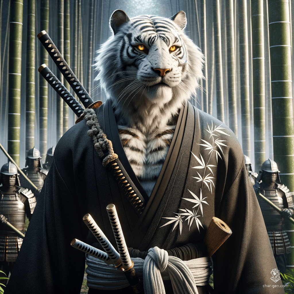A broad-shouldered, muscular white Bengal tiger tabaxi samurai in his 30s, with vibrant striped fur and glowing orange eyes. Clad in a black kimono embroidered with silver bamboo, he wears a black kabuki mask at his side. Confident mercenary captain leading a fierce band of soldiers.