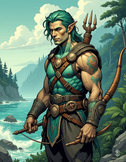 A rugged Triton ranger, this outlander stands boldly on a cliff, his muted aqua skin shimmering with scale-like patterns. With iridescent eyes and kelp-green hair adorned with shells, he wields a beautifully carved driftwood bow, embodying the harmony of sea and forest.