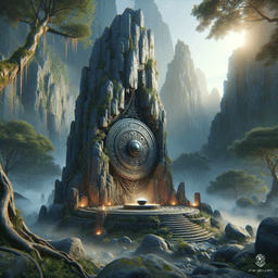 Nestled within a towering 15-meter rock, the altar emerges, etched with ancient runes and surrounded by a misty aura. Vivid flora dances at its base, while a mysterious black metal disk radiates an enigmatic energy, shimmering under the ethereal glow of a lavender sky.