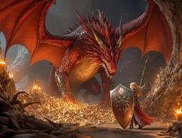 An elven knight with blonde hair and blue eyes, clad in ornate steel and gold plate armor, blocks a red dragon’s fiery breath with her magical three-pointed shield. Wielding a lance crowned with a dragon’s head, she strikes back against the regal, copper-scaled beast.