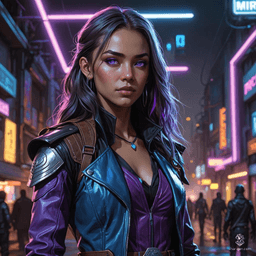 Miria Treadstone, a skilled and nimble 25-year-old ranger, stands 5'7" with a medium build and distinct tan skin. With a keen eye and expert shooting, her striking blue eyes and long, purple, blue, and silver hair are framed by intricately detailed leather armor and a black leather duster. Formerly defending her frontier mining town, she now roams as a loyal and chaotic hero against tyranny.