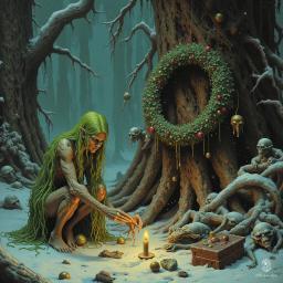 Beneath the towering pine treant, rowdy goblins gleefully ransack a fallen merchant's wares, scattering goods like forgotten treasures. Amidst the chaos, a forlorn dryad, her bark-like skin etched with sorrow, weeps for the lost soul entwined in the tree's branches.