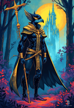 Krackle Brightbeak is a 20-year-old, blue-skinned kenku sorcerer with a raven-like head and wings. A charming and intelligent criminal, he wields an enchanted quarterstaff and wears a mesmerizing, shifting cloak that enhances his unpredictable magic, all while exuding a powerful aura of mystery.