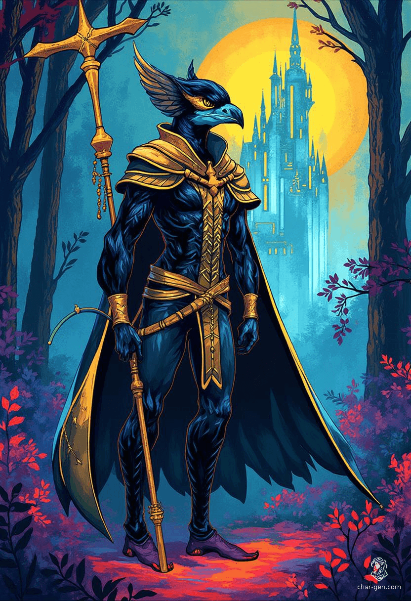 Krackle Brightbeak is a 20-year-old, blue-skinned kenku sorcerer with a raven-like head and wings. A charming and intelligent criminal, he wields an enchanted quarterstaff and wears a mesmerizing, shifting cloak that enhances his unpredictable magic, all while exuding a powerful aura of mystery.
