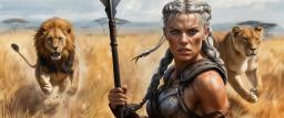 A fierce female barbarian with silver braided hair, clad in leather armor and wielding a spear, stands resolute on the sunlit savanna. Flanked by two powerful lionesses, her intense gaze and vibrant presence capture the wild strength and untamed spirit of the grasslands.