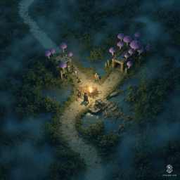 In a murky marsh, sticky mud oozes beneath your feet while tangled mangroves loom over shimmering pools, cloaked in thick fog. Purple mushrooms cling to decaying logs, illuminating the area with eerie glow. A crossroads campsite lies at the heart, shadowed by the remnants of a ruined highway bridge, where giant fay mushrooms thrive, concealing hidden traps and lurking secrets for the unwary traveler.