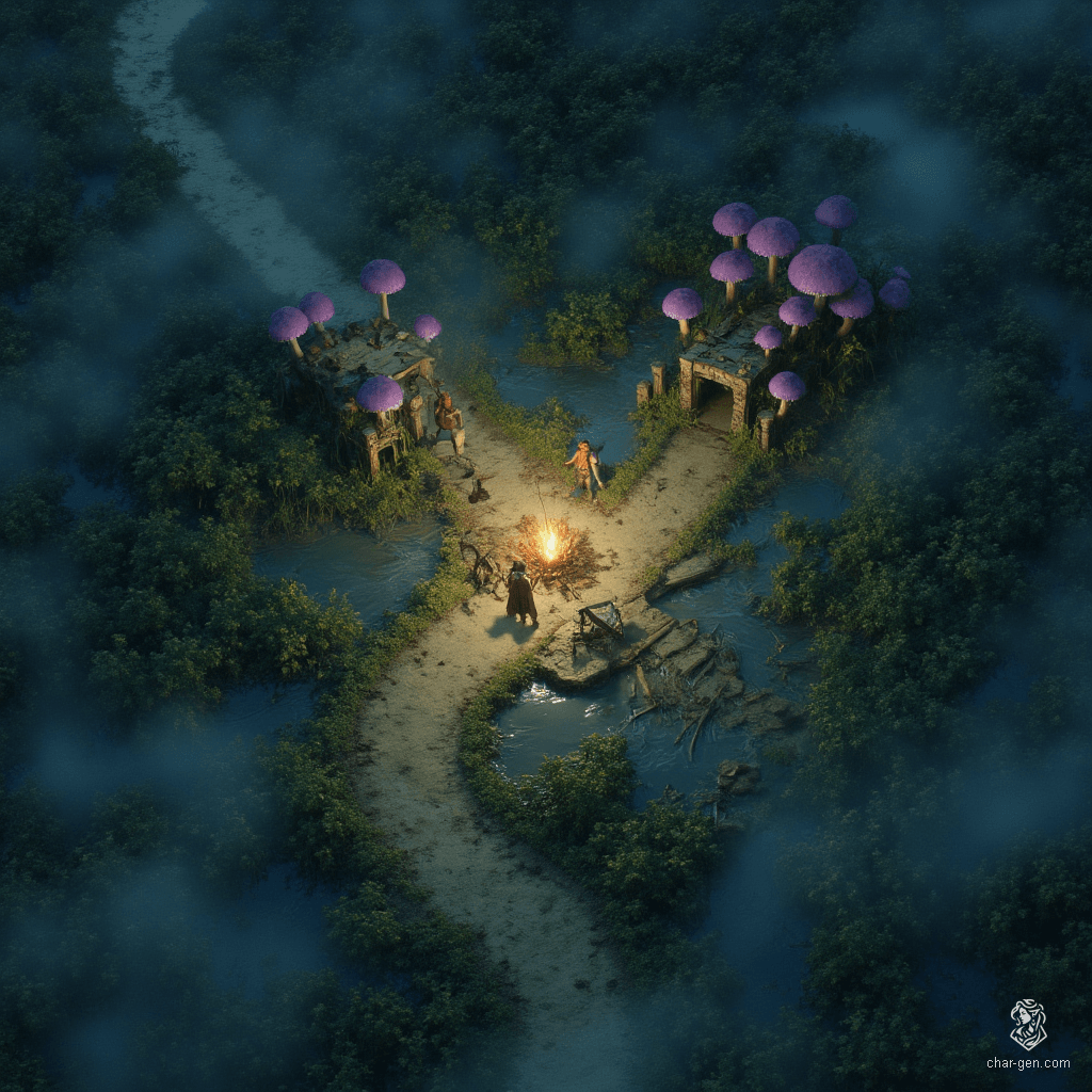 In a murky marsh, sticky mud oozes beneath your feet while tangled mangroves loom over shimmering pools, cloaked in thick fog. Purple mushrooms cling to decaying logs, illuminating the area with eerie glow. A crossroads campsite lies at the heart, shadowed by the remnants of a ruined highway bridge, where giant fay mushrooms thrive, concealing hidden traps and lurking secrets for the unwary traveler.
