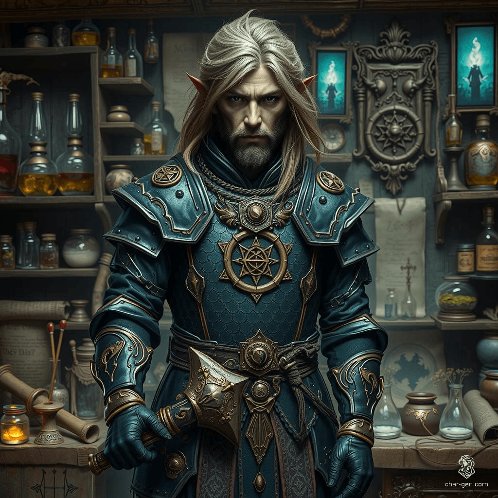 Ara, a charismatic and intelligent 14-year-old kalashtar cleric, serves as an Orzhov Representative. Tall and slim, Ara’s serene aura and wisdom shine through their intricate scale mail. Wielding a mace with confidence, Ara straddles the line between life and death, symbolized by their prominent holy emblem.