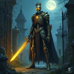An animated skeleton warrior clad in dark gold cuirass armor and boots, crowned with a golden crown. Its sparkling yellow eyes blaze beneath the moonlight, wielding a bright yellow glowing two-handed broadsword. Set in a dark cemetery, the cinematic scene glows with dim blue light and sharp shadows.