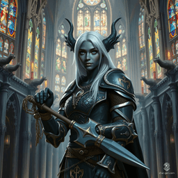 Thaveza is a serene, wise cleric of 22 years, standing 5'10" with a medium build and prominently displaying a holy symbol. This custom lineage, dark-skinned Drow with striking blue eyes and pure white hair wields a mace and wears intricately detailed chain mail. Born with silver dragon-blood-infused scales, she was raised in a monastery, learning healing.