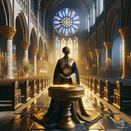 Szatha is an 18-year-old female cleric of medium build and 5'10" height. Radiating a subtle glow, this angelic aasimar has distinct jet-black skin and unusual black-colored eyes. Extremely wise, intelligent, and charming, Szatha carries a prominent holy symbol, embodying serenity and divine grace.