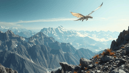 Majestic, snow-capped peaks pierce the sky as a grand white dragon soars overhead, its shimmering scales reflecting the crisp, pristine air. The rugged mountains stand timeless and imposing, bathed in ethereal light and shrouded in mist, creating a breathtaking blend of beauty and awe.