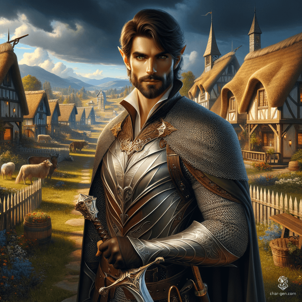 Aenorin of House Far-Voyager is a 129-year-old Valenar Wood Elf with dark beige skin and green eyes. Standing at 6'2", he is a serene and wise cleric-ranger straddling light and shadow. Sporting a full beard and mustache, he exudes confidence and sophistication in his finely-woven chainmail, with scimitar and longsword in hand.