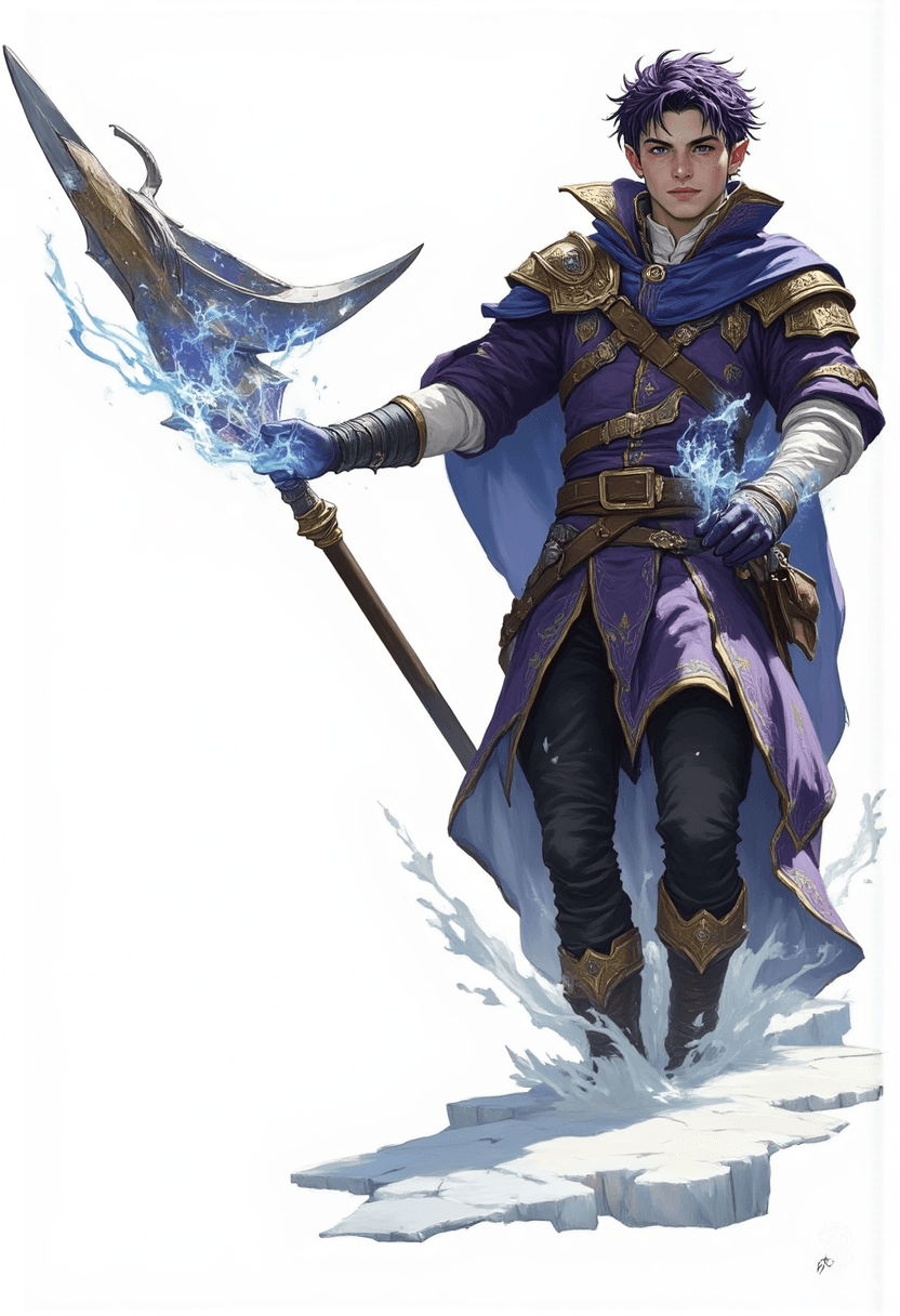 In a luminous, painterly world, a striking male figure stands amidst an icy field, draped in a dark blue robe. His glowing violet eyes and short, dark purple hair catch the wind, while ethereal magic swirls from his beautifully detailed hands, embodying both elegance and mystique.