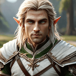 Vaelin Windrunner is a 27-year-old High Elf rogue with a stealthy look and nimble stance. He stands 6'1" with white light-tan skin, light green eyes, and dirty blond hair. Clad in intricately detailed leather armor and wielding a rapier, Vaelin walks the line between criminal and spy, driven by a chaotic nature and a debt to a generous benefactor.