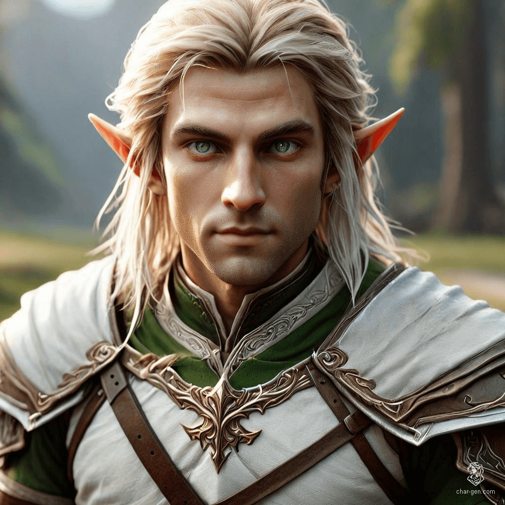 Vaelin Windrunner is a 27-year-old High Elf rogue with a stealthy look and nimble stance. He stands 6'1" with white light-tan skin, light green eyes, and dirty blond hair. Clad in intricately detailed leather armor and wielding a rapier, Vaelin walks the line between criminal and spy, driven by a chaotic nature and a debt to a generous benefactor.
