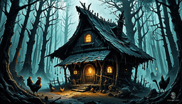 A twisted wooden hut stands precariously on long, spindly chicken legs, its gnarled joints creaking with every movement. Warped walls adorned with glowing runes hint at ancient magic. Enveloped in a dense fog, the dark forest around it bristles with twisted trees and eerie, luminescent mushrooms, creating an otherworldly, foreboding atmosphere.