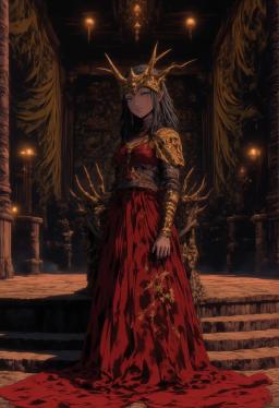 An elegant young Queen of the woods stands regally beside her throne of twisted branches, her bark-like skin glowing softly under volumetric light beams. Draped in a red spider silk gown adorned with orchid blossoms, her crown of branches and tree-trunk limbs embody her arboreal majesty.
