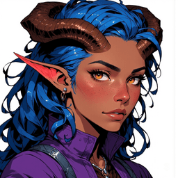 A vibrant young tiefling woman in her 20s, adorned with dark brown backward-sprouting horns and flowing blue hair, boasts impish features and sharp teeth. Clad in a striking purple hip-length jacket, she embodies a dazzling blend of fantasy and anime-inspired aesthetics, with bold colors and dynamic poses capturing her adventurous spirit.