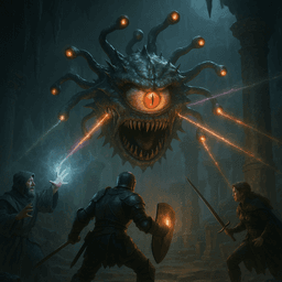 A fearsome beholder hovers menacingly within a shadowed Underdark ruin, its central eye and ten eyestalks unleashing devastating eldritch rays. Surrounded by ancient pillars and dripping stalactites, a fierce adventuring party counters with magic and steel, their glowing shields and spells piercing the cavern’s oppressive darkness.