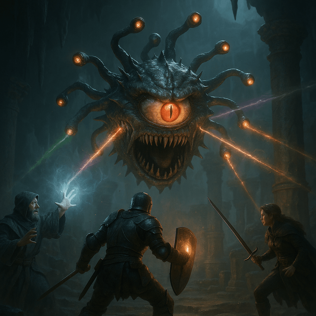 A fearsome beholder hovers menacingly within a shadowed Underdark ruin, its central eye and ten eyestalks unleashing devastating eldritch rays. Surrounded by ancient pillars and dripping stalactites, a fierce adventuring party counters with magic and steel, their glowing shields and spells piercing the cavern’s oppressive darkness.