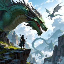 An agile elf, poised on a cliff edge, draws his longbow, eyes sharp and focused. Beneath a stunning sundawn sky, a majestic dragon soars over a mystical landscape, as the air hums with magic and anticipation. The scene captures a breathtaking moment of courage and adventure.