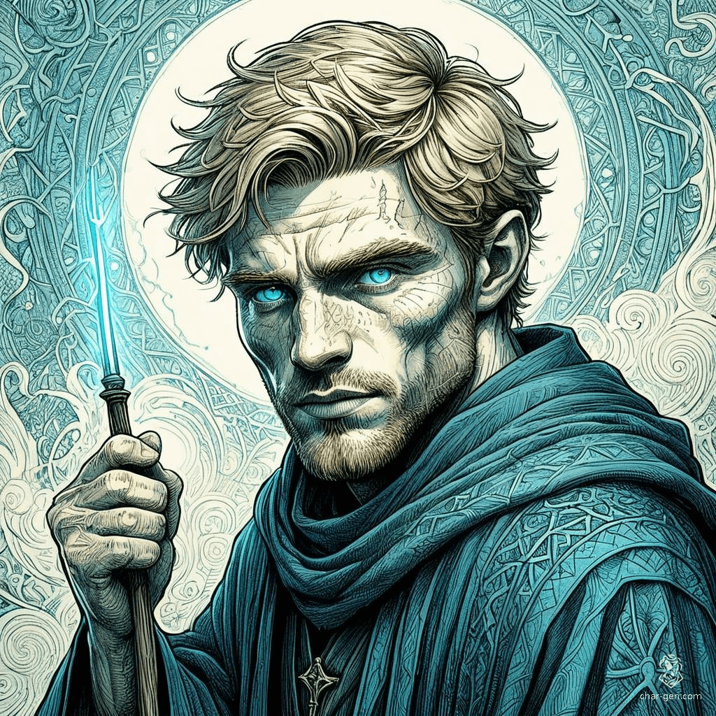 Larrius the Apprentice is a 20-year-old human wizard with a medium build and distinct white skin marked by birthmarks. Standing at 1.81 meters, he has striking greenish-blue eyes and short, straight brownish-blond hair. Once a slave, he now wields a quarterstaff and dons enchanted garments, driven by a thirst for knowledge and self-improvement. Despite his intelligence and wisdom, he often speaks without thinking and struggles to keep secrets. Tasked with preserving knowledge, Larrius embarks on a journey to uncover life's mysteries.