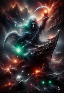 Amidst a blood-red sea, an ancient crone stands on a decrepit boat, her haggard form illuminated by a flickering lantern. Wrinkles map her face, and arcane sigils swirl around her, hinting at her warlock powers. Shadows of lost souls rise from the depths, drawn to her eerie aura.
