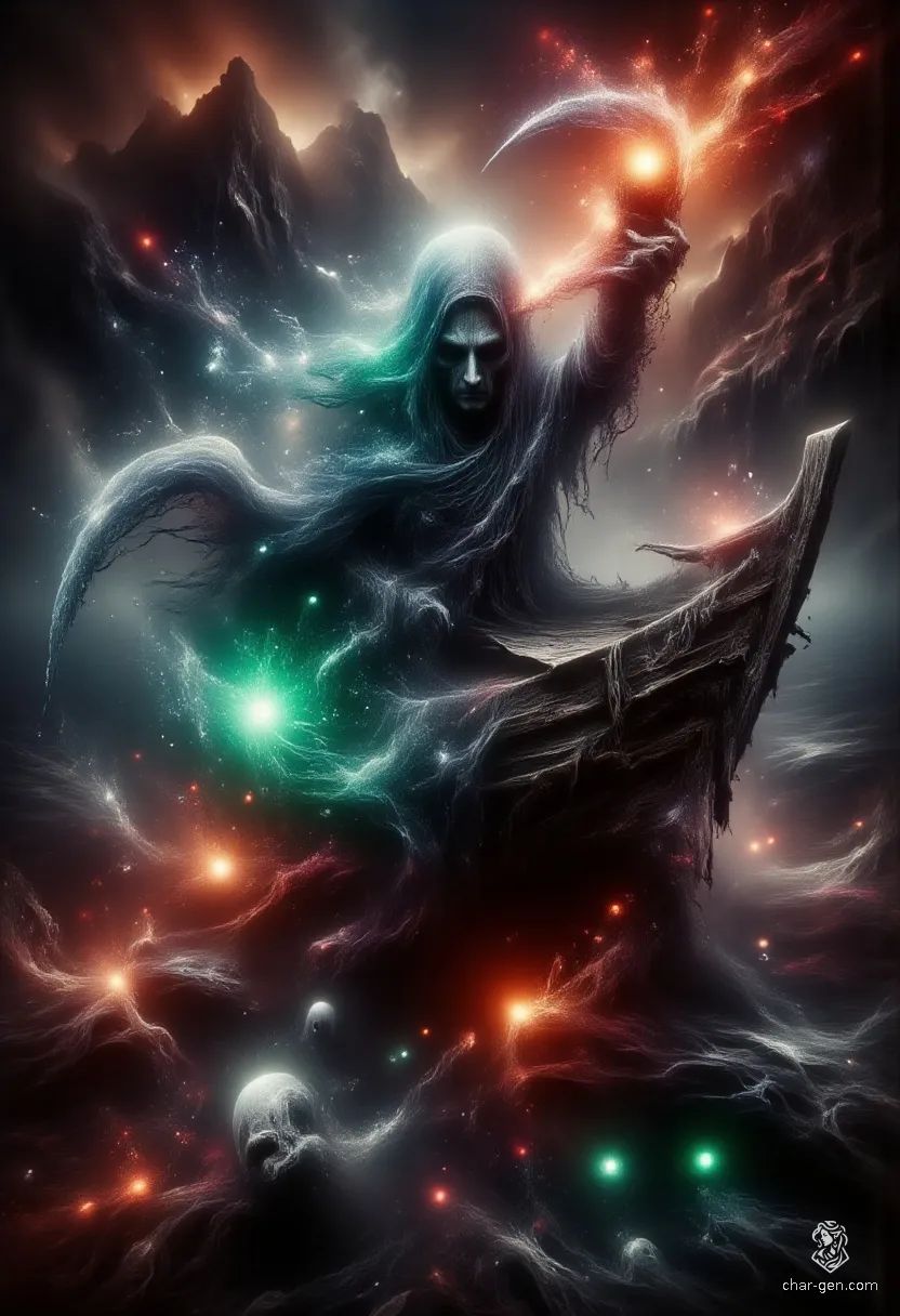 Amidst a blood-red sea, an ancient crone stands on a decrepit boat, her haggard form illuminated by a flickering lantern. Wrinkles map her face, and arcane sigils swirl around her, hinting at her warlock powers. Shadows of lost souls rise from the depths, drawn to her eerie aura.