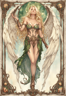 Sigarda, a breathtaking angelic figure, embodies grace and beauty. Dressed in ornate green and gold armor, her golden hair cascades like sunlight. With solid gold glowing eyes and intricate, flowing curves reminiscent of art nouveau, she floats serenely in a vibrant sky, surrounded by delicate floral motifs.
