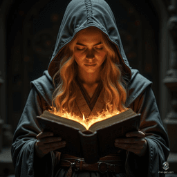 A young wizard, cloaked in a flowing gray robe, sits intently by candlelight, his long blonde hair glimmering in the soft glow. He pores over an ancient leather spellbook, surrounded by the serene ambiance of sundawn, as the perfect light dances across the pages, revealing forgotten magic.