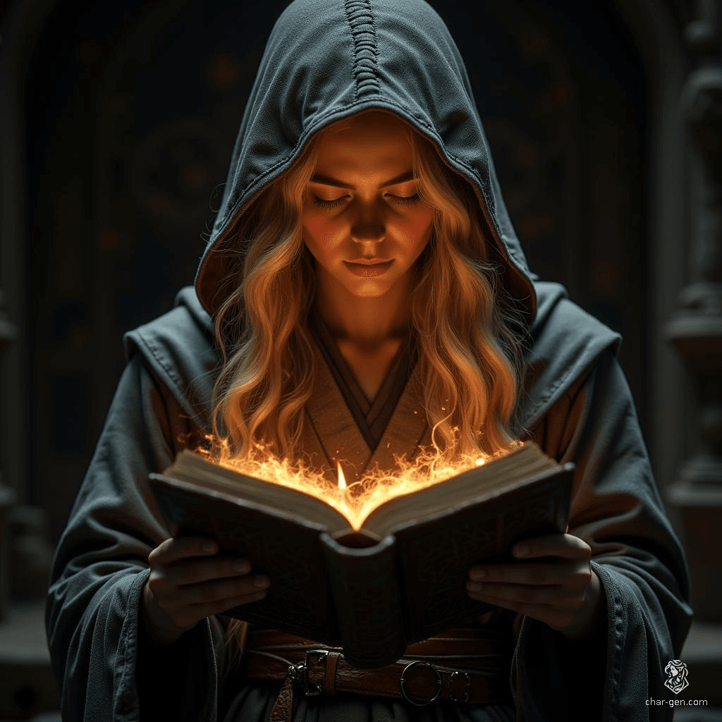 A young wizard, cloaked in a flowing gray robe, sits intently by candlelight, his long blonde hair glimmering in the soft glow. He pores over an ancient leather spellbook, surrounded by the serene ambiance of sundawn, as the perfect light dances across the pages, revealing forgotten magic.
