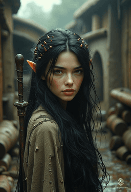 Vex'ahlia, a nimble half-elf ranger, navigates the shadows of the woods with unmatched agility. Abandoned and misunderstood, she finds solace in nature and companionship with a bear. At 21, with jet-black hair and keen brown eyes, she thrives as a skilled hunter, embracing her outlander spirit.