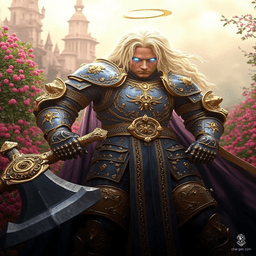 Puriel is a formidable aasimar fighter with an ethereal glow and striking blue eyes. Clad in intricately detailed chain mail and gripping a massive greataxe, he stands proud with white-blond cornrows beneath a shimmering halo. His strong demeanor reflects both his celestial heritage and battle-hardened resolve.