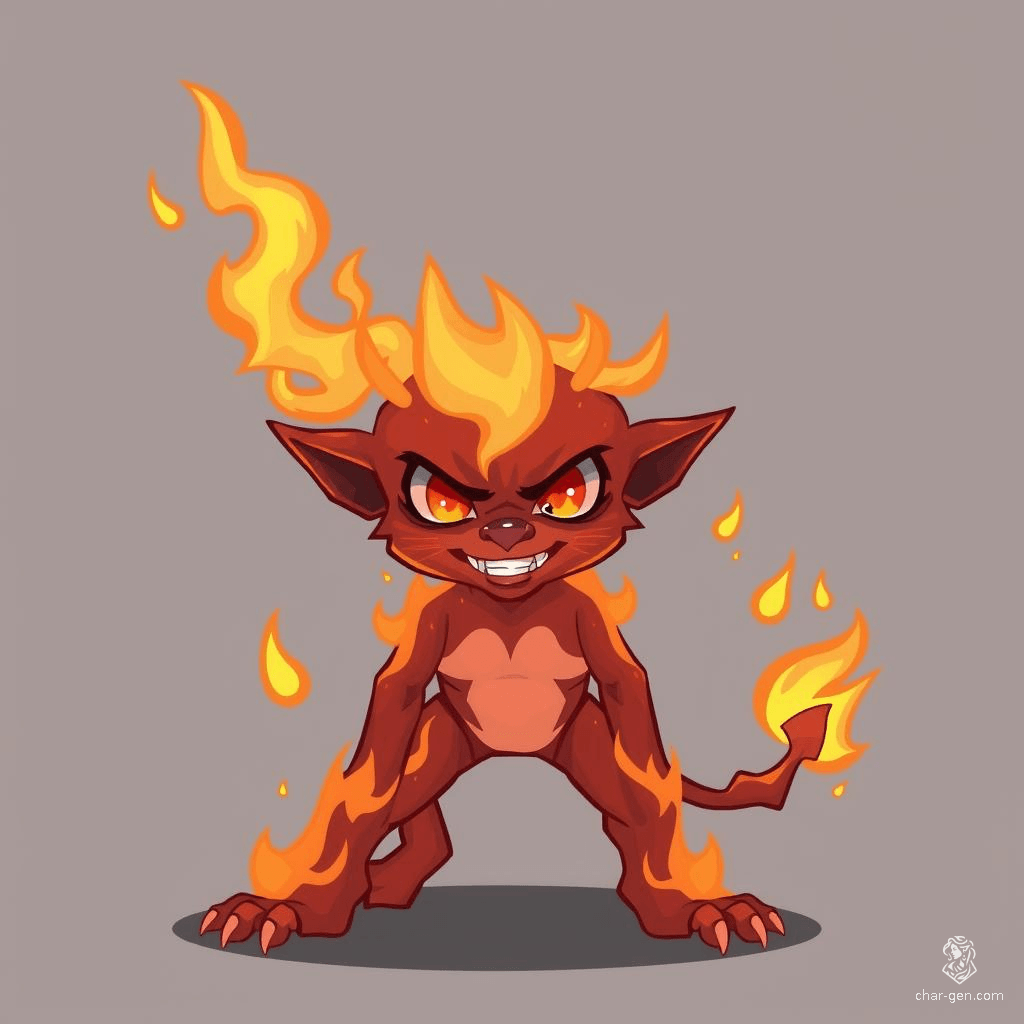 A three-foot-tall juvenile fire elemental, blanketed in flames, boasts a cute face with big, innocent eyes and a devilish grin. Lacking horns, ears, or a tail, this enchanting creature intertwines childlike charm with a mischievous edge.