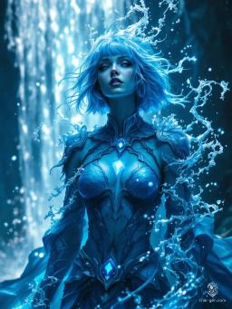 A breathtaking young sorceress, she embodies raw power and alluring danger. Her pale blue skin glistens with mermaid-like scales, adorned in dark ocean blue plated armor marked with glowing sigils. Floating gracefully, she is surrounded by a mist of suspended droplets, her shoulder-length hair framing her striking visage.