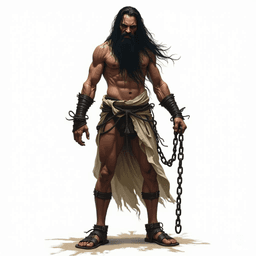 Meet Kael, a towering, gaunt figure shackled in chains, his long black hair framing a face etched with fury. Once a noble warrior, he now haunts the ethereal realm, embodying both anguish and resilience, captivating all with his majestic, otherworldly presence.
