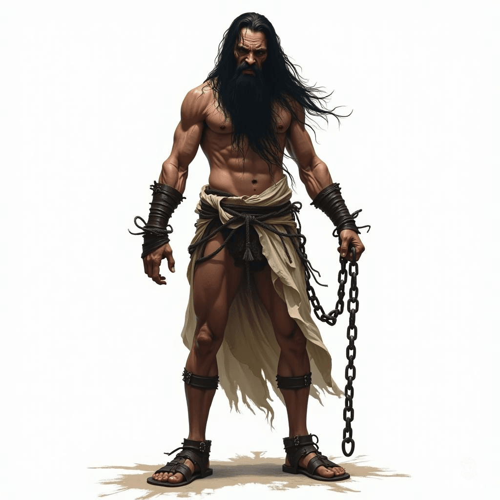 Meet Kael, a towering, gaunt figure shackled in chains, his long black hair framing a face etched with fury. Once a noble warrior, he now haunts the ethereal realm, embodying both anguish and resilience, captivating all with his majestic, otherworldly presence.