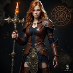 Aleira Emberstorm is a fierce young fire wizard, clad in finely crafted leather armor etched with glowing runes and divine fire symbols. With flowing orange hair and a radiant magical staff, she exudes serene determination and mystical power, embodying heroic flames in a fantasy realm.