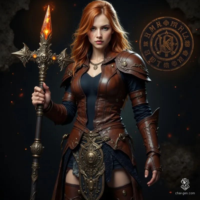 Aleira Emberstorm is a fierce young fire wizard, clad in finely crafted leather armor etched with glowing runes and divine fire symbols. With flowing orange hair and a radiant magical staff, she exudes serene determination and mystical power, embodying heroic flames in a fantasy realm.