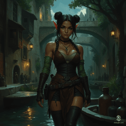 Izzy, a young halfling assassin, embodies a dangerous blend of charm and malice. Standing at 1.5 meters, her tight brown leather armor molds to her curves, while shimmering green scales peek from her bare arms. With snake-like yellow-green eyes, she patiently lurks in shadows, ready to strike her prey.
