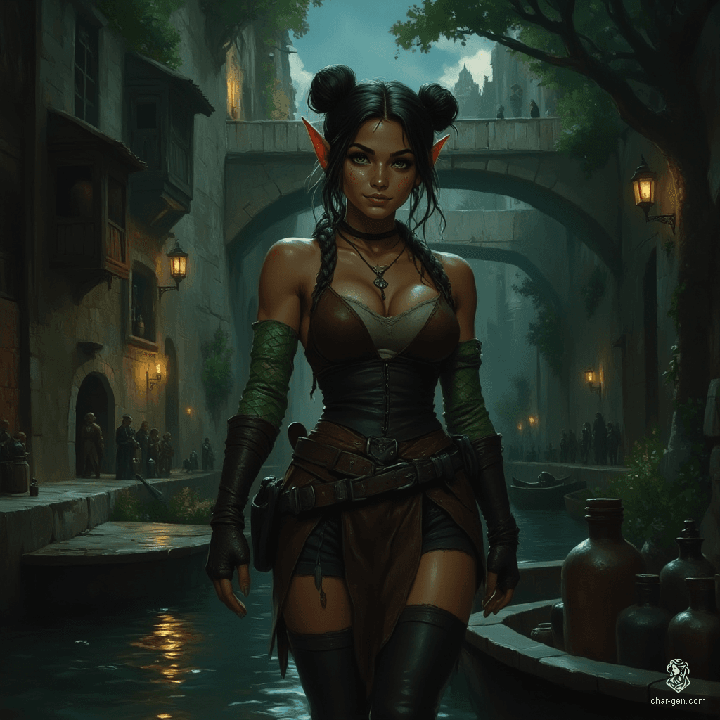 Izzy, a young halfling assassin, embodies a dangerous blend of charm and malice. Standing at 1.5 meters, her tight brown leather armor molds to her curves, while shimmering green scales peek from her bare arms. With snake-like yellow-green eyes, she patiently lurks in shadows, ready to strike her prey.