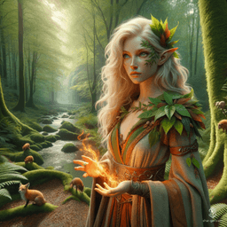 A serene female elf druid, standing 1.65m and weighing 60kg, embodies the essence of nature with her distinct white skin and flowing blonde hair. Her blue eyes gleam with wisdom as she commands earthy elements and forms deep bonds with her animal companions. A guardian of the wild, she balances the fiery heart of her druidic magic.