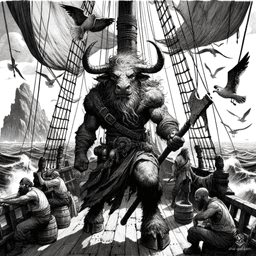 A powerful minotaur sailor, this barbarian combines wild strength and rugged endurance. He's a bull-like humanoid, medium build, with prominent horns, hooves, and a snout. Wielding a greataxe, he channels the spirits of his ancestors as an ancestral guardian, showcasing unmatched hardiness and resilience.