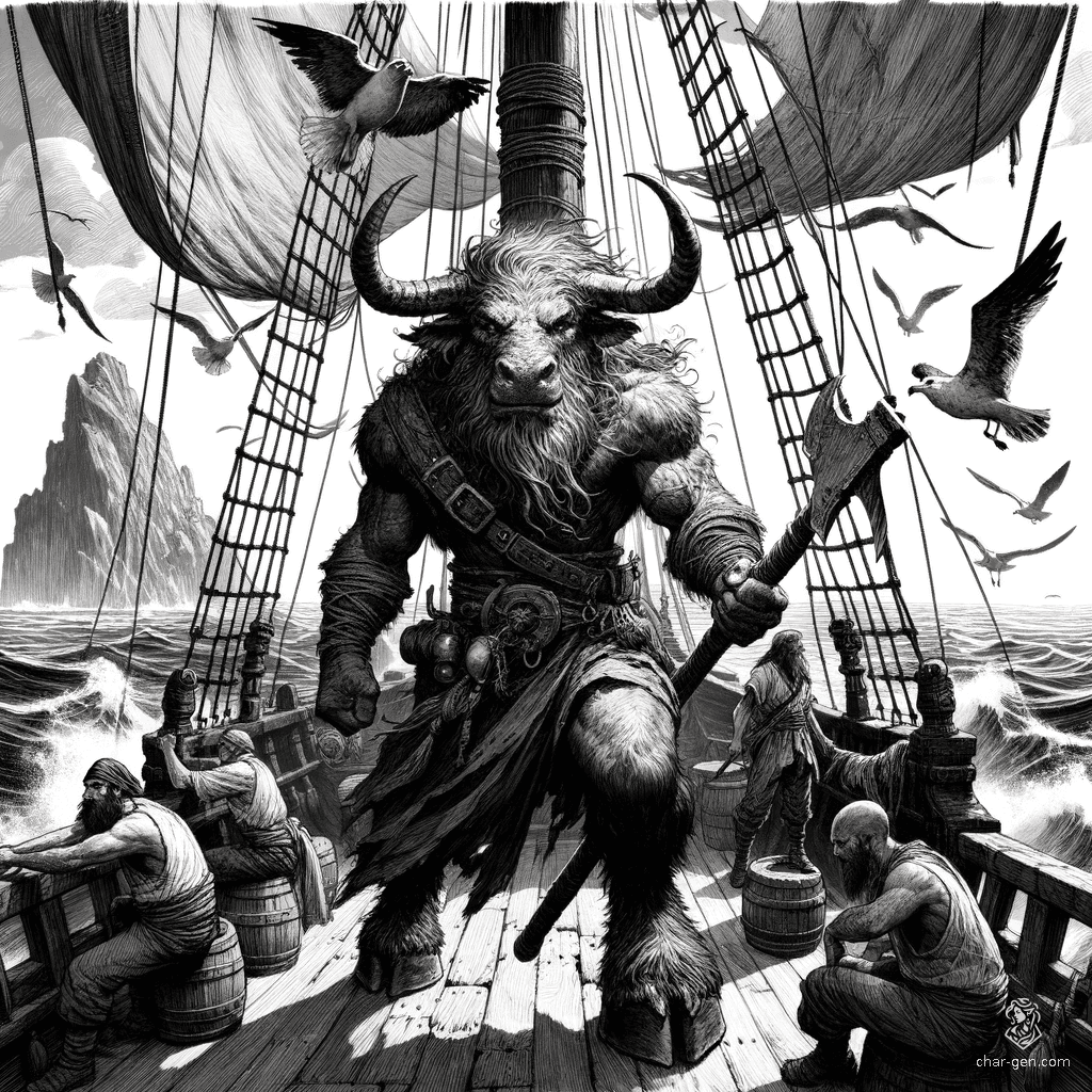 A powerful minotaur sailor, this barbarian combines wild strength and rugged endurance. He's a bull-like humanoid, medium build, with prominent horns, hooves, and a snout. Wielding a greataxe, he channels the spirits of his ancestors as an ancestral guardian, showcasing unmatched hardiness and resilience.