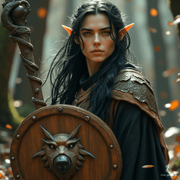 A male wood elf druid, with flowing black hair and piercing light brown eyes, embodies the spirit of nature. Clad in rugged leather, he wields a moon sickle and a carved wooden shield, standing ready to protect the forest and its secrets from intruders.