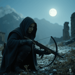 Izzy, a grizzled halfling assassin, prowls the shadows with eerie grace. Her medium-toned skin, marked by green scales, complements her snake-like blue eyes. Cloaked in dark, form-fitting attire, she wields a heavy crossbow loaded with lethal precision, exuding a chilling blend of competence and concealed anxiety under the gibbous moonlight.