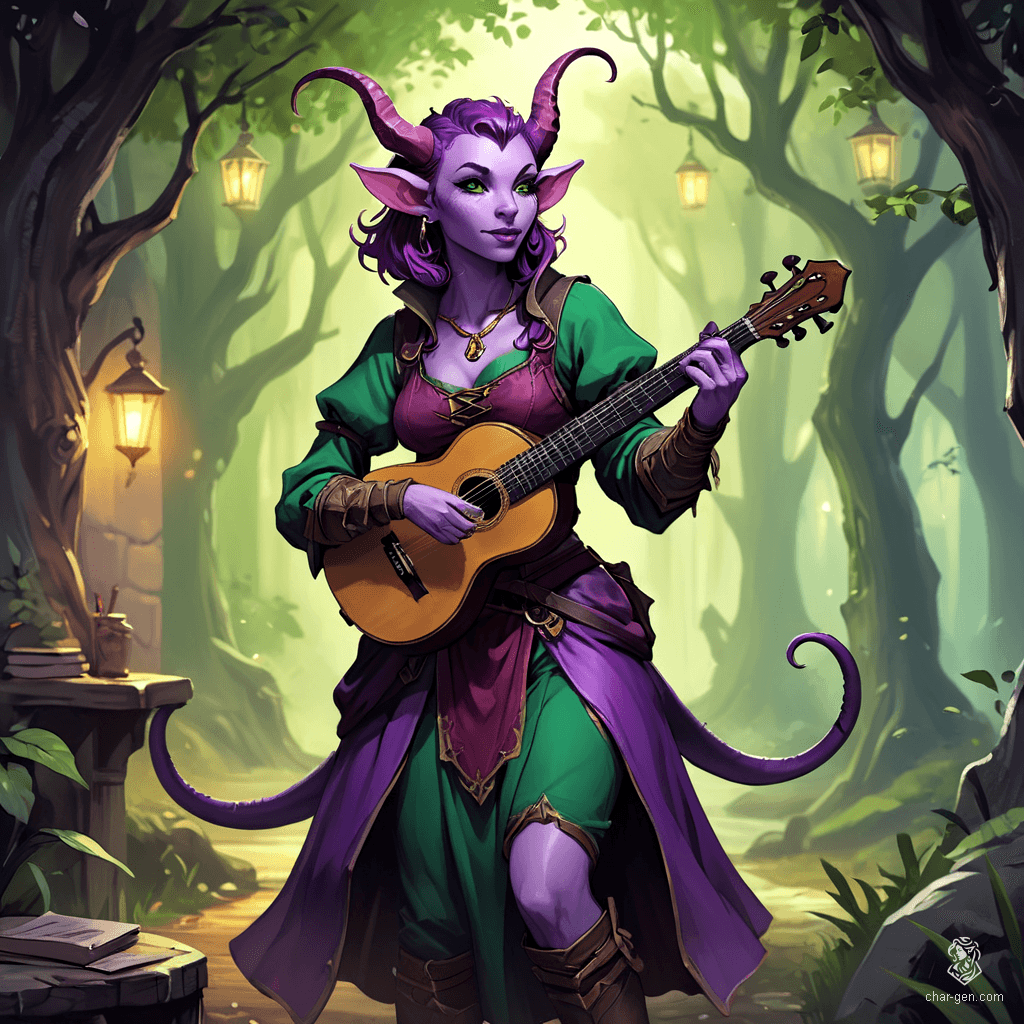 Lyrica Chantenuit, a 25-year-old tiefling bard, captivates with her expressive gestures and enchanting lute. Sporting distinctive purple skin, deep plum hair, and piercing green eyes, she blends charm and agility. Though not the wisest, her soldier’s spirit shines through, embodying both elegance and strength in every step.