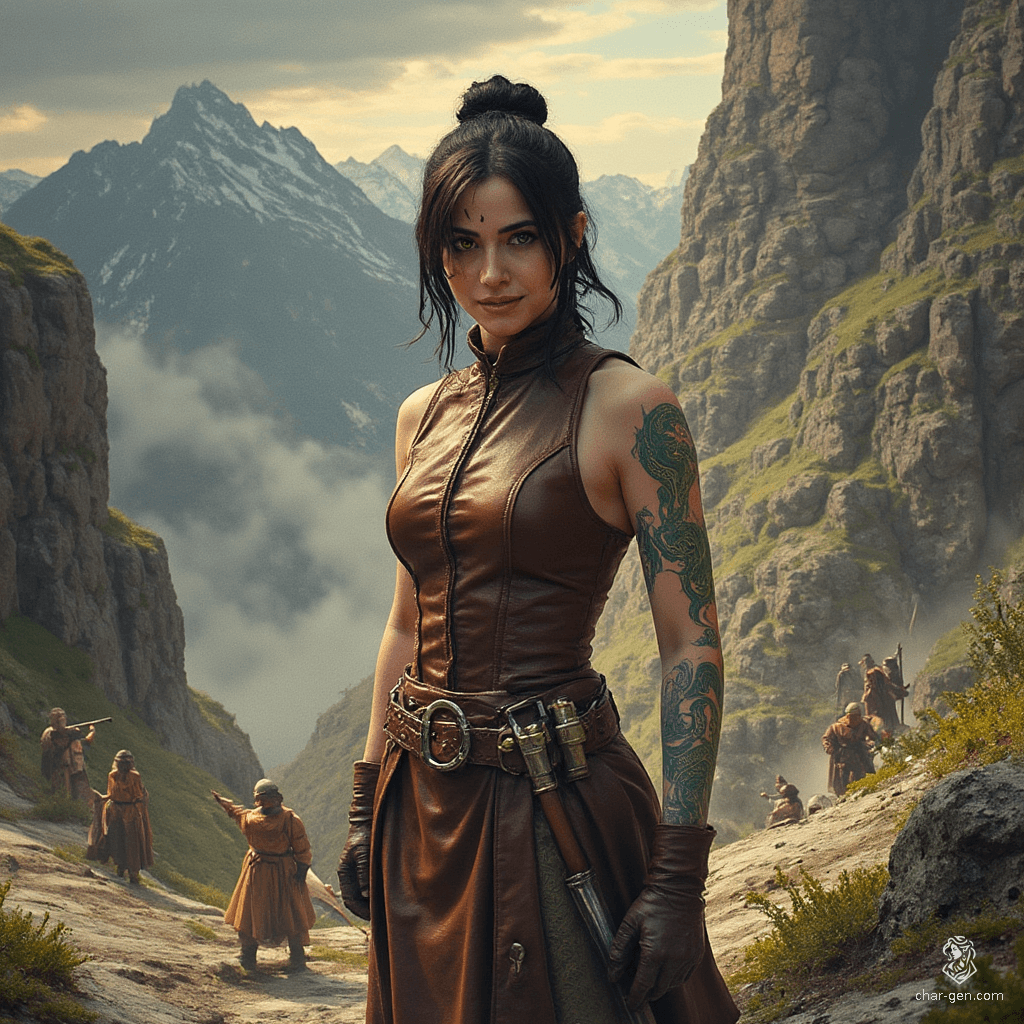 Izzy, a perky halfling assassin, stands 1.5 meters tall with striking yellow-green eyes and snake-scale tattoos adorning her bare arms. Clad in a tight brown leather tunic, she lurks in the shadows, exuding an aura of deadly competence and a playful malice that hints at the thrill of her lethal hunt.